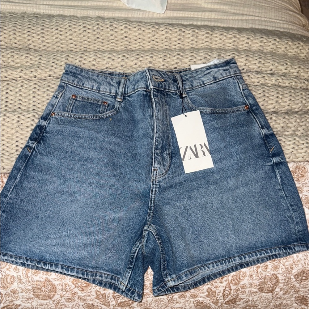 Zara Medium Blue High-Rise Denim Shorts